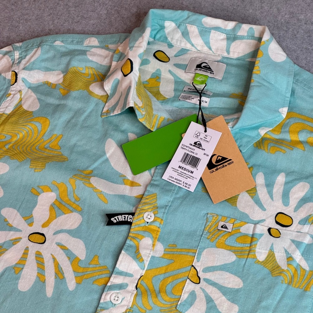 Quiksilver Trippy Floral SS Button Up Shirt Aqua Blue Yellow EQYWT04503 Mens M